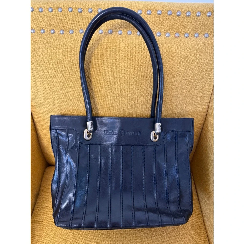 Marino Orlandi Black Leather Tote Bag Made in Italy Pleated Shoulder Bag